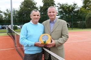 Declan Harkin, who was saved by a HeartSine defibrillator on a tennis court in Cork, Ireland, and Hugh Hennessy of HeartSine, the only manufacturer of automated defibrillators in the UK and Ireland