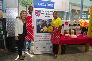 Sara Newbold, from Arrhythmia Alliance with Fabrice Muamba and wife Shauna at Mrs Muamba's tasting session